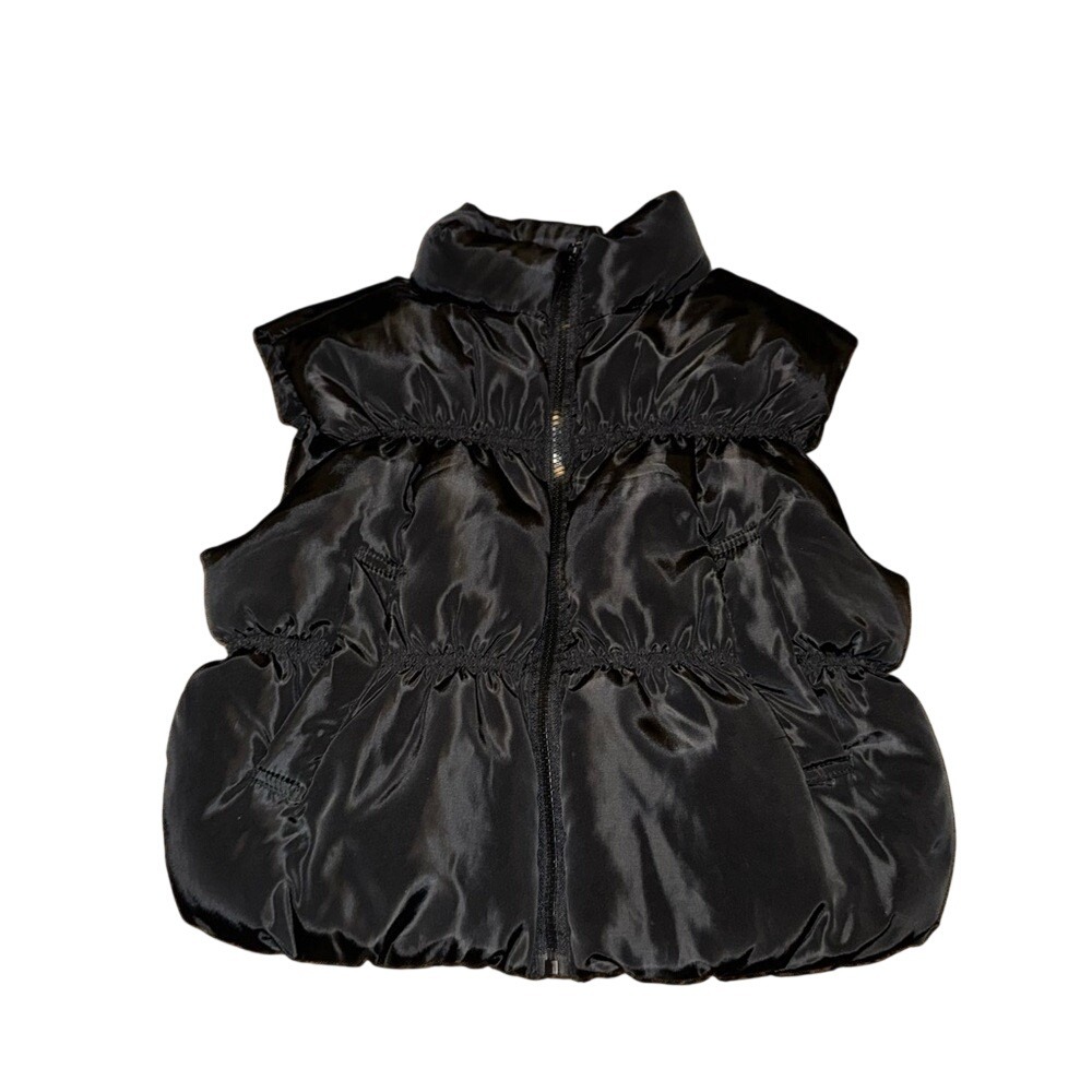 Agua Blues Black Satin Puffer Vest Womens‎ Medium Zip Up Tiered Gathered Jacket